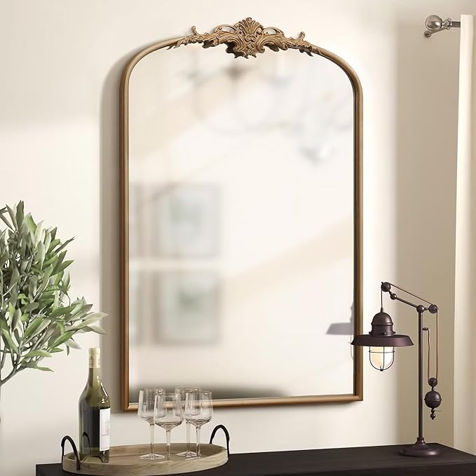 Besdomus Antique Gold Arched Mirror: 24"x36" French Large Arch Gold Vintage Vanity Wall Mounted Mirror - Traditional Ornate Home Decor for Entryway/Bathroom/Bedroom - Idea for Fashion-Conscious