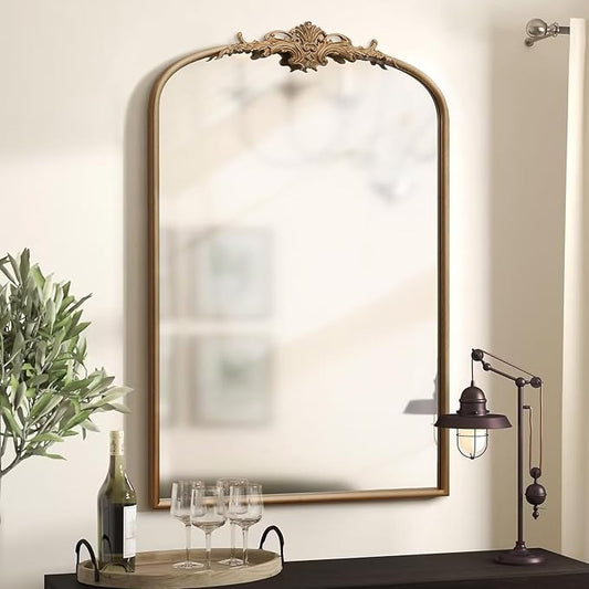 Besdomus Antique Gold Arched Mirror: 24"x36" French Large Arch Gold Vintage Vanity Wall Mounted Mirror - Traditional Ornate Home Decor for Entryway/Bathroom/Bedroom - Idea for Fashion-Conscious