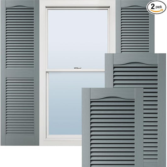 12"W x 67"H Lifetime Vinyl, Standard Cathedral Top Center Mullion, Open Louver Shutters, w/Installation Shutter-Lok's & Matching Screws (Per Pair), Storm Cloud