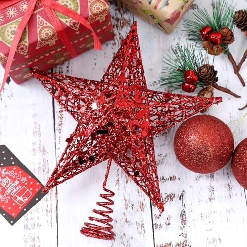 URATOT Glittered Christmas Tree Topper Metal Christmas Treetop Hallow Wire Star Topper for Christmas Home Decoration (8 inches, Red) - Image 6