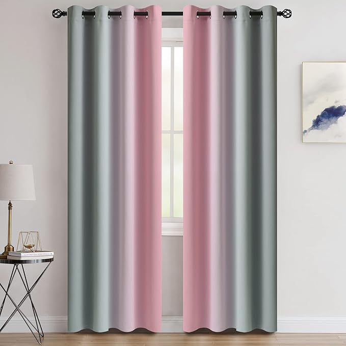 COSVIYA Grommet Ombre Room Darkening Curtains 84 inches Length for Living Room, Polyester Light Blocking Pink and Grey Gradient Window Drapes/Curtains for Kids/Girls Bedroom, 2 Panels, 52x84inches