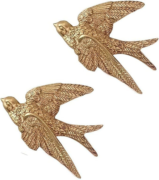 Mrxxjz Vintage Bird Wall Sculptures - 3D Swallow Set of 2 | Antique Brass Finish Ceramic Wall Art Decor, Handcrafted 3D Figurines for Living Room, Bedroom, Entryway as Hanging Ornaments