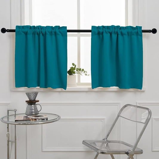 Pickluc Blackout Kitchen Curtain 20 Inches Long, Rod Pocket Cafe Tier Curtains for Small Window Treatment in Living Room, Basement, RVs, Cabinets, 2 Panels, W24 X L20 Inch, Teal