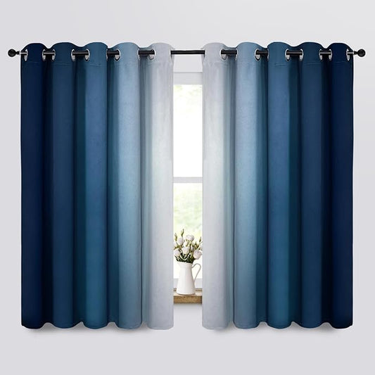 Yakamok Room Darkening Ombre Curtains,Thermal Insulated Grommet Window Drapes, Light Blocking Gradient Color Curtains for Bedroom(Blue and Greyish White, 70x63 Inch, Set of 2)
