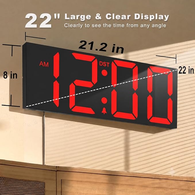 JALL 22" Large Digital Wall Clock, Big LED Display with Night Light, Auto Dimming & DST, Giant Alarm Clock for Seniors, Elderly Parents, Gift for Mom Dad (Black Shell Red Font) - Image 2