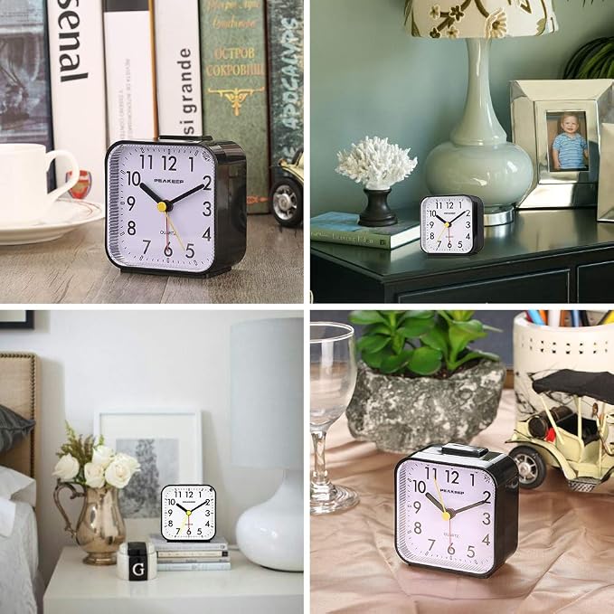 Peakeep Small Battery Operated Analog Travel Alarm Clock Silent | No Ticking, Lighted on Demand and Snooze, Beep Sounds, Gentle Wake, Ascending Alarm, Easy Set (Black) - Image 6