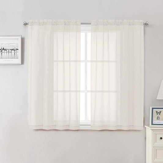 Lecloud Ivory Sheer Curtains 48 Inch Length 2 Pcs, Rustic Farmhouse Curtains with Rod Pockets, Light Filtering Window Solid Drapes for Bedroom Bathroom Basement Living Room, Each Panel 42" W x 48" L
