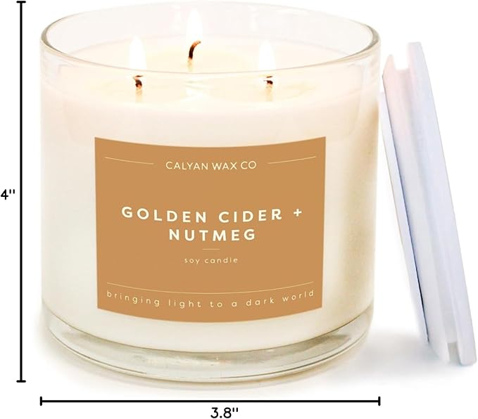 Calyan Wax Co. Golden Cider & Nutmeg 3 Wick Scented Candle - 43 Hour Burn - Luxury 3 Wick Soy Candles - Non Toxic Soy Wax Candles - Long Lasting Large Glass Jar Candle for Home - 14.9oz
