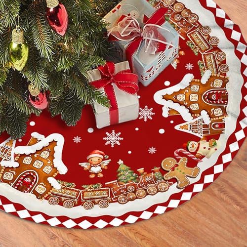 Red Gingerbread Christmas Tree Skirt Decorations House Decor Christmas Gingerbread Tree Ornaments Holiday Party Indoor Outdoor Xmas Trees Mat 36 inches - Image 7