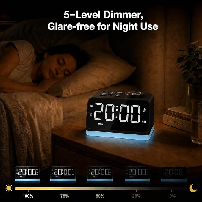 JALL Digital Alarm Clock with FM Radio for Bedroom, 8 Colors Night Light with 2 Charging Port, Sleep Sound Machines with Timer, Dual Alarm, Loud Alarm and Easy to Use for Seniors as Gift - Image 5