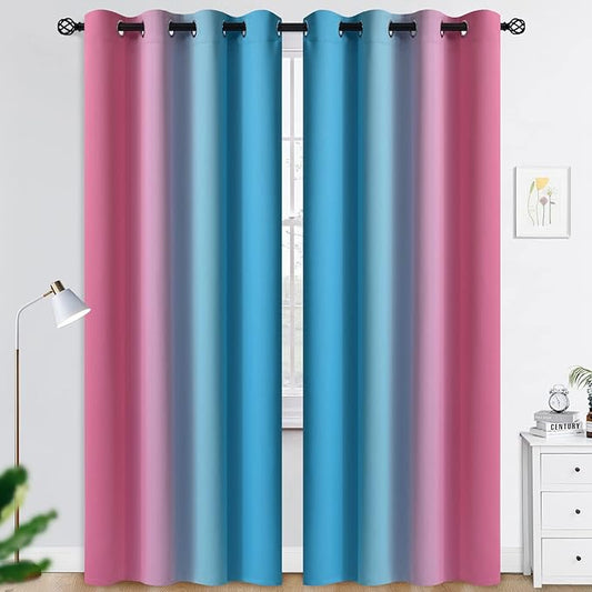COSVIYA Grommet Ombre Room Darkening Curtains 84 inches Length for Living Room, Polyester Light Blocking Pink and Blue Gradient Window Drapes/Curtains for Kids/Girls Bedroom, 2 Panels, 52x84inches