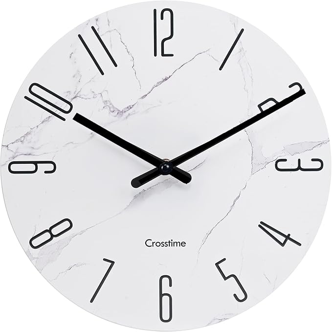 16 Inch Wall Clock White Marble Grain - Battery Operated Silent Modern Farmhouse Decor Quartz Round Analog Clock for Kitchen, Bathroom, Living Room