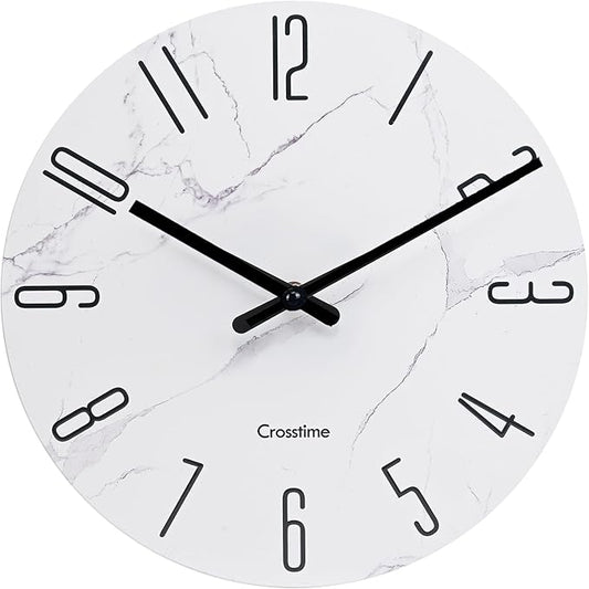 16 Inch Wall Clock White Marble Grain - Battery Operated Silent Modern Farmhouse Decor Quartz Round Analog Clock for Kitchen, Bathroom, Living Room