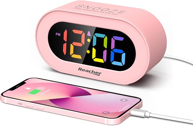 REACHER Pink Colorful LED Digital Alarm Clock with USB Charger by Reacher