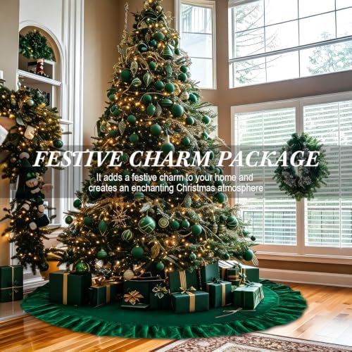 72 Inches Velvet Christmas Tree Skirt Decorations Green Luxury Xmas Fur Plush Skirts for Merry Christmas Party Rustic Vintage Holiday Home Winter - Image 3