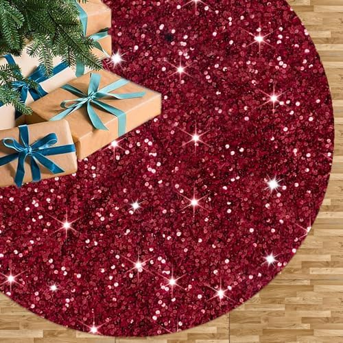 Christmas Tree Skirt Burgundy Velvet Tree Skirt Small Sequined Tree Skirts 21 Inch Mini Sequin Glitter Tree Cover Mats Metallic Tree Ornaments for Silm Tree Maroon Skirt Tree Burgundy Christmas Decor by FUHSY
