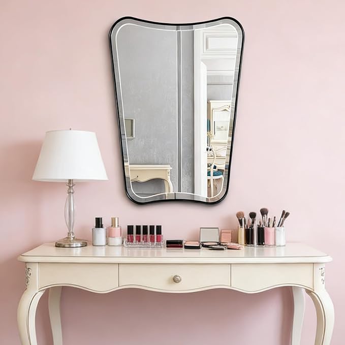 POZINO Irregular Beveled Mirror, 22"x30" Matte Black Bathroom Vanity Mirror for Over Sink, Modern Aesthetic Butterfly Shape Decorative Mirrors for Bedroom Living Room Entryway Hallway Fireplace