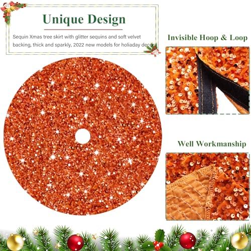 Orange Christmas Tree Skirt 21 Inch Fall Tree Skirt Sequin Velvet Tree Skirt Mini Xmas Tree Skirts Halloween Tree Decoration Glitter Christmas Tree Cover Skirt Mat for Holiday Christmas Tree Ornaments - Image 5