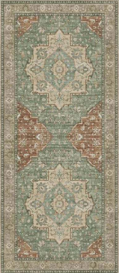 GENIMO Runner Rug 2'6"x6 Machine Washable Non Slip Vintage Hallway Runner Rug, Low Pile Lightweight Rugs for Indoor Entryway, Hallway, Kitchen and Corridor, Reddish Brick & Light Green