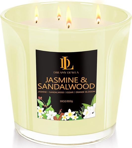 Large Candle Jasmine & Sandalwood Scented, 4 Wick Natural Soy Candles for Home Scented, 30oz Big Candle Long Lasting, Home Aromatherapy Candles Housewarming Gift for Women Men