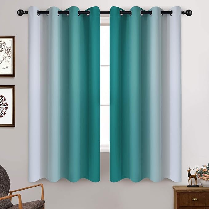 Yakamok Teal and Greyish White Ombre Curtains 63 Inch Length, Light Blocking Gradient Color Curtains, Room Darkening Thermal Insulated Grommet Window Drapes for Bedroom (2 Panels, 52x63 Inch)