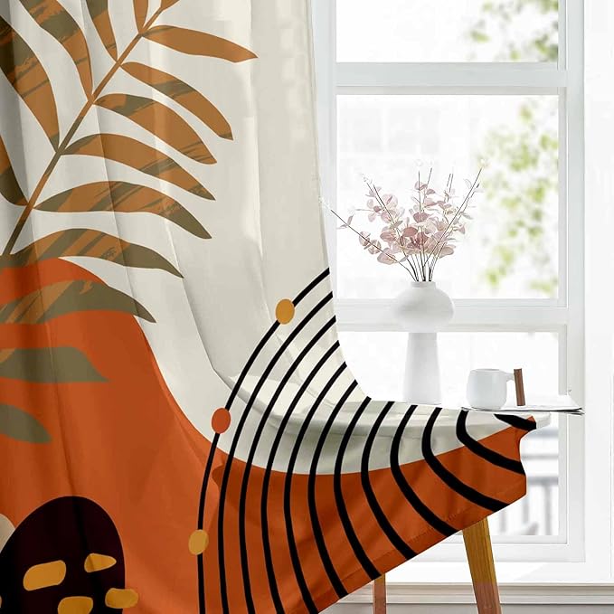 Colorful Boho Curtains Mid Century Modern Light Filtering Curtains 52X72Inch Abstract Leaves Retro Rainbow Living Room Curtain 2Pc Fun Geometric Drapes Yellow Plant Window Curtain for Bedroom