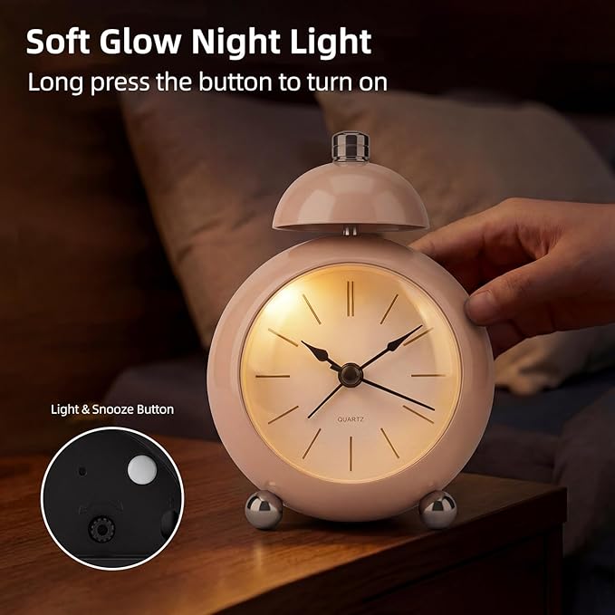 Analog Alarm Clock, Mid-Century Modern Desk Clock, Silent Non-Ticking Quartz Table Clock with Black Hands, Battery Operated Decorative Clock for Bedroom, Office, Living Room (Light Champagne)