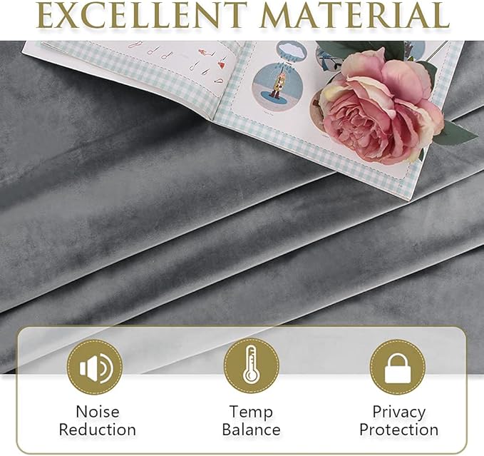 StangH Light Grey Velvet Curtains - Set of 2 Grommet Design Light Blocking Curtain Panels Energy Smart Drapes for Living Room/Bedroom Summer Heat & Winter Chill Insulated, W52 x L84, 2 Panels