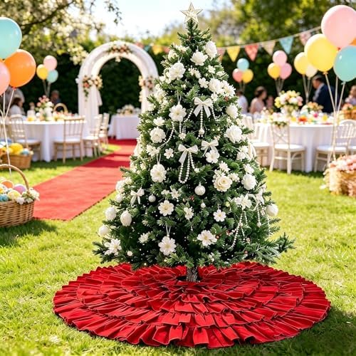 Large Red Ruffle Christmas Tree Skirt, 48'' Rustic Farmhouse Decorations - Image 4