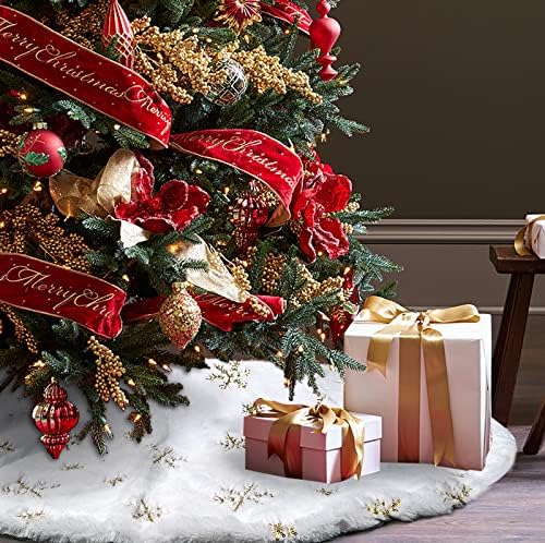 Faux Fur Christmas Tree Skirt,24 inches Luxury Tree Skirt with Gold Snowflake Sequin, Christmas Decorations Holiday Thick Plush Tree Xmas Ornaments???White and Gold,24 Inch??? - Image 4