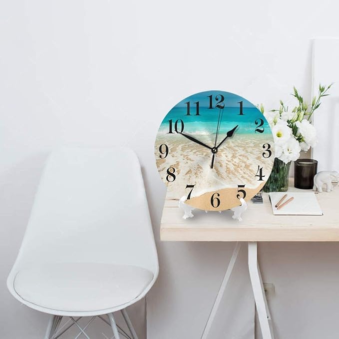 Sea Beach Wall Clock Battery Operated Silent Non Ticking Round Clock Summer Ocean Theme Wall Decor for Home, Office, School 9.8 Inch