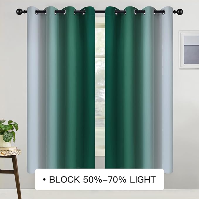 COSVIYA Blackout Curtains & Drapes Ombre Green Curtains 63 inch Length 2 Panels,Room Darkening Light Blocking Grommet Gradient Insulated Thermal Window Curtains for Bedroom/Living Room,52x63 inches