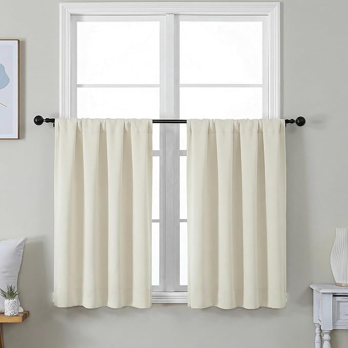 Simplebrand Ava Light Beige Short 36 Inches Light Filtering Curtain 2 Panels Set, Half Window Rod Pocket Privacy Curtain Tiers for Kitchen, Curtains for Bathroom Shades, W40 x L36 Inch, Light Beige