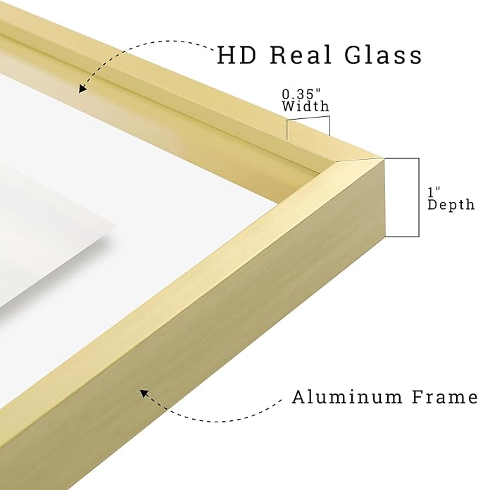 Frametory, Floating Picture Frames Set - Gold Metal Photo Frames - Real Glass - Displays One 11x14, Two 8x10, And Four 5x7 Inch Photos for Home Decoration