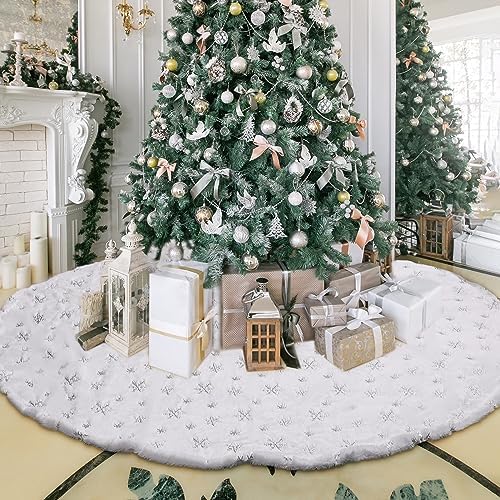 Libima 84 Inches Large Christmas Tree Skirt Faux Fur with Sequins Silver Snowflakes for Xmas Tree Decorations White Ornaments for Merry Christmas Party Winter Holiday by Libima