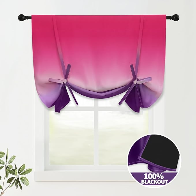 COSVIYA 100% Blackout Purple and Pink Adjustable Tie Up Curtains for Kitchen Thermal Insulated Room Darkening Valance Rod Pocket Balloon Roman Shade for Small Window,48" L x 34" W, 1 Panel