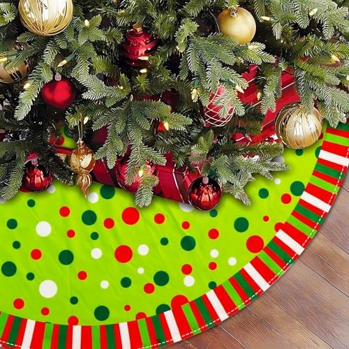 Christmas Tree Skirt 48 Inches, Velvet Stripes Trimmed Tree Skirt with Red Green White Polka Dots Design for Holiday Party Decor - Image 4