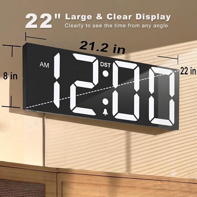 JALL 22" Large Digital Wall Clock, Big LED Display with Night Light, Auto Dimming & DST, Giant Alarm Clock for Seniors, Elderly Parents, Gift for Mom Dad (White) - Image 3