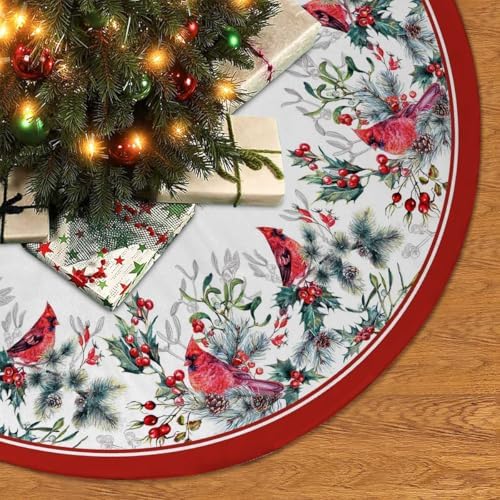 Cardinal Christmas Tree Skirt 48 Inch Poinsettia Christmas Tree Decorations by GYHUAD