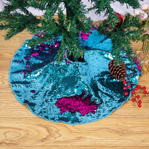 Christmas Tree Skirt 24 Inches Turquoise to Hot Pink Mermaid Sequin Tree Skirts 24 Inches Small Round Tree Skirt for 1.5ft Xmas Trees Indoor or Outdoor - Image 2
