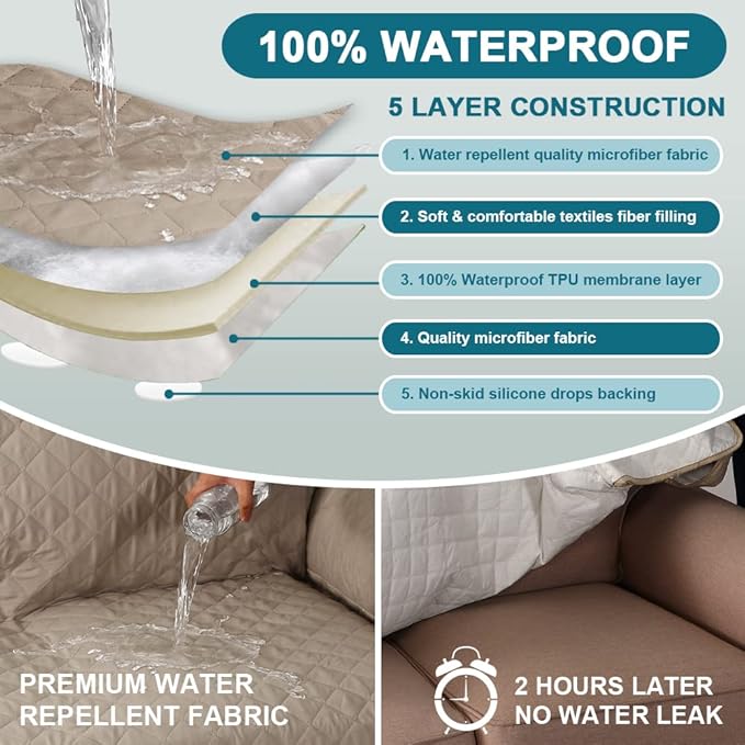 Turquoize 100% Waterproof Couch Covers for 3 Cushion Sofa Pet Friendly Cover for Dogs Washable Couch Protector Triple Non-Slip Furniture Cover for Pets, Kids (Sofa 70", Khaki)
