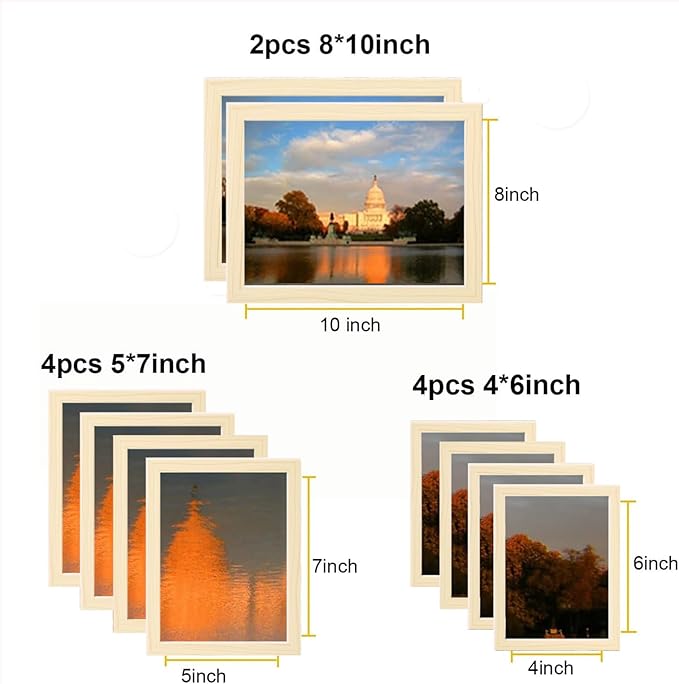 Picture Frame Set 10 pack, Farmhouse Photo Frames, Gallery Wall Frame Collage, 8x10 5x7 4x6 Frames in 3 Different Finishes Picture Frames For Wall or Desk,Natural