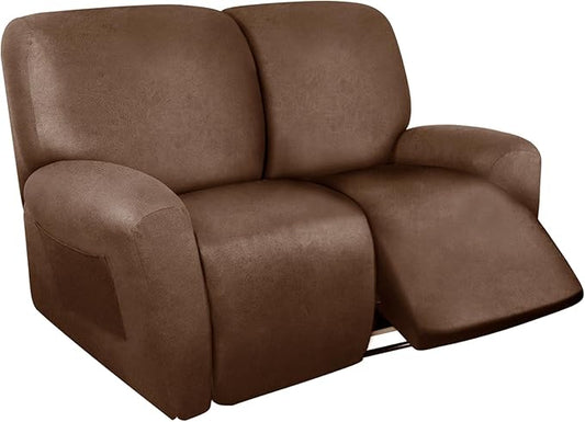 ANARACHON Loveseat Recliner Cover Leather Look Recliner Loveseat Covers Recliner Sofa Cover for 2 Seater Reclining Couch Spandex Fabric Washable 6 Pieces (2 Seater, 01 Brown)