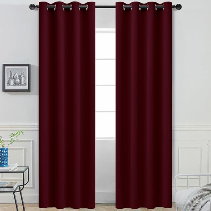 Yakamok Thermal Insulated Grommet Blackout Curtains with 2 Ties for Bedroom/Living Room, Room Darkening Curtain for Kitchen (52Wx96L, Wine Red, 2 Panels)