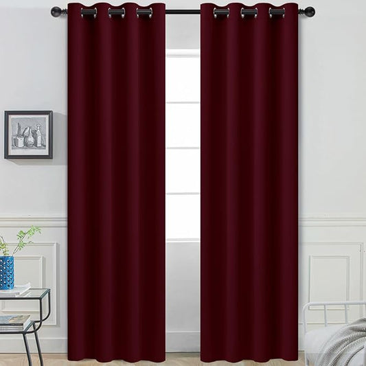 Yakamok Thermal Insulated Grommet Blackout Curtains with 2 Ties for Bedroom/Living Room, Room Darkening Curtain for Kitchen (52Wx96L, Wine Red, 2 Panels)