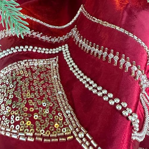 60-Inch Beaded Scalloped Christmas Tree Skirt in Foam-Lined Satin, Button-Loop Closures, Cranberry - Image 4