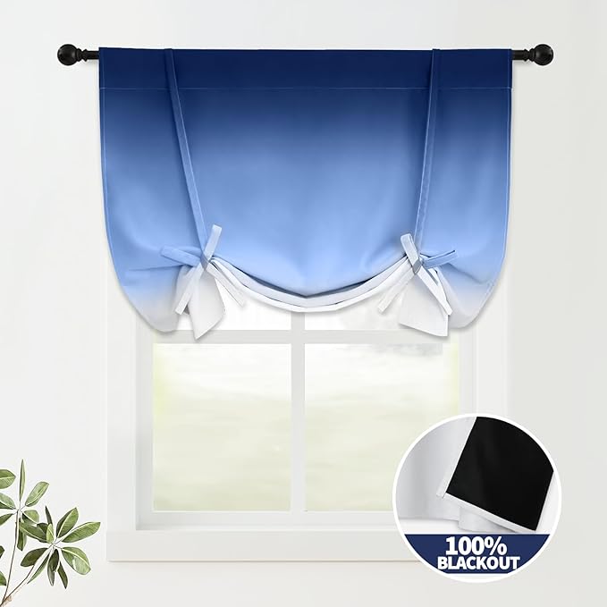 COSVIYA 100% Blackout Ombre Blue Adjustable Tie Up Curtains for Kitchen Thermal Insulated Room Darkening Valance Rod Pocket Balloon Roman Shade for Small Window,48" L x 34" W, 1 Panel