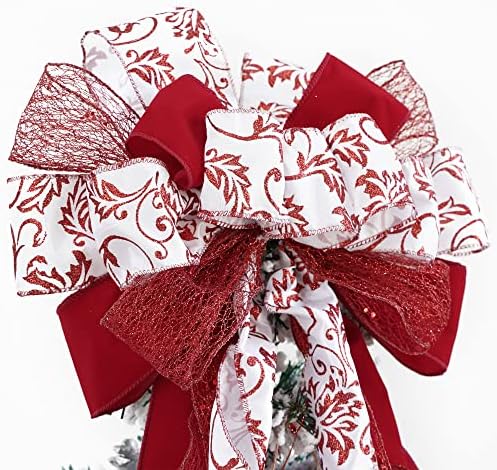 MEEDEE Red Bows Christmas Decorations Large Red Christmas Bow 12" Wide Red Velvet Christmas Bows Red and White Christmas Tree Topper Red Christmas Bows Red Bows for Christmas Tree (1 Pack) - Image 5