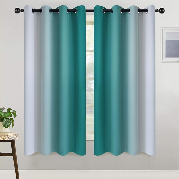 COSVIYA Grommet Ombre Room Darkening Curtains 63 inch Length, Teal and Greyish White Gradient Drapes Light Blocking Insulated Thermal Window Curtains for Bedroom/Living Room,2 Panels,52x63 inches