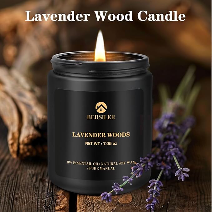 Scented Candle for Men, Lavender Wood Candle for Home Scented, Candle Gifts for Men, Aromatherapy Candle, Stress Relief and Relax Gift for Men Women Birthday Christmas Valentine